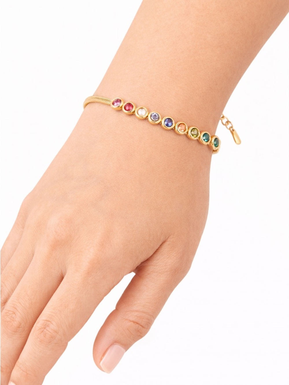 18K Gold Plated Rainbow Gem Bracelet – CZ Stones, Waterproof, Adjustable